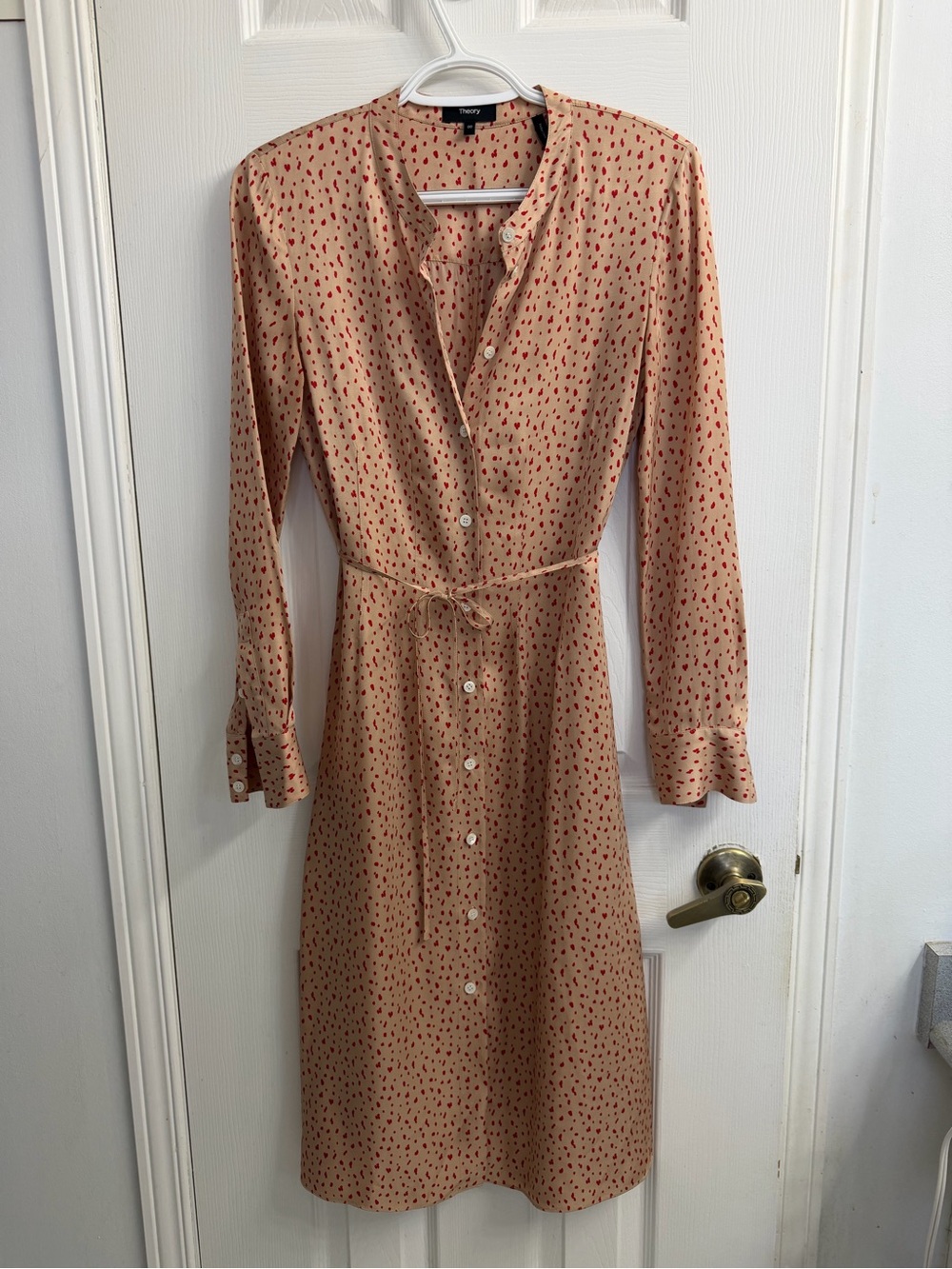 Theory Cream & Red Spring Dot Print Button-Front Midi Shirt Dress 00 - Picture 1 of 11